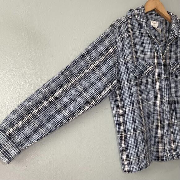 NorthCrest Size Medium Blue Plaid Flannel Hooded Shirt Shacket 90s Y2K Grunge - Picture 2 of 9